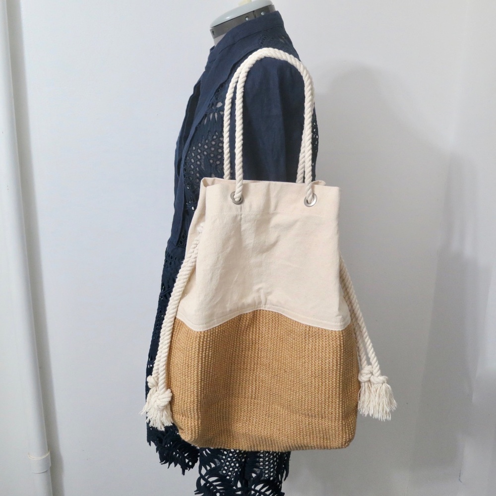 Large Canvas and Jute Neutral Traveler Tote Bag Beach Boho